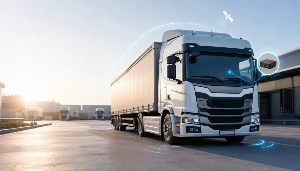 Photorealistic heavy-duty truck with connected telematics technology, GPS tracking, and subtle IoT signals in a bright industrial environment.