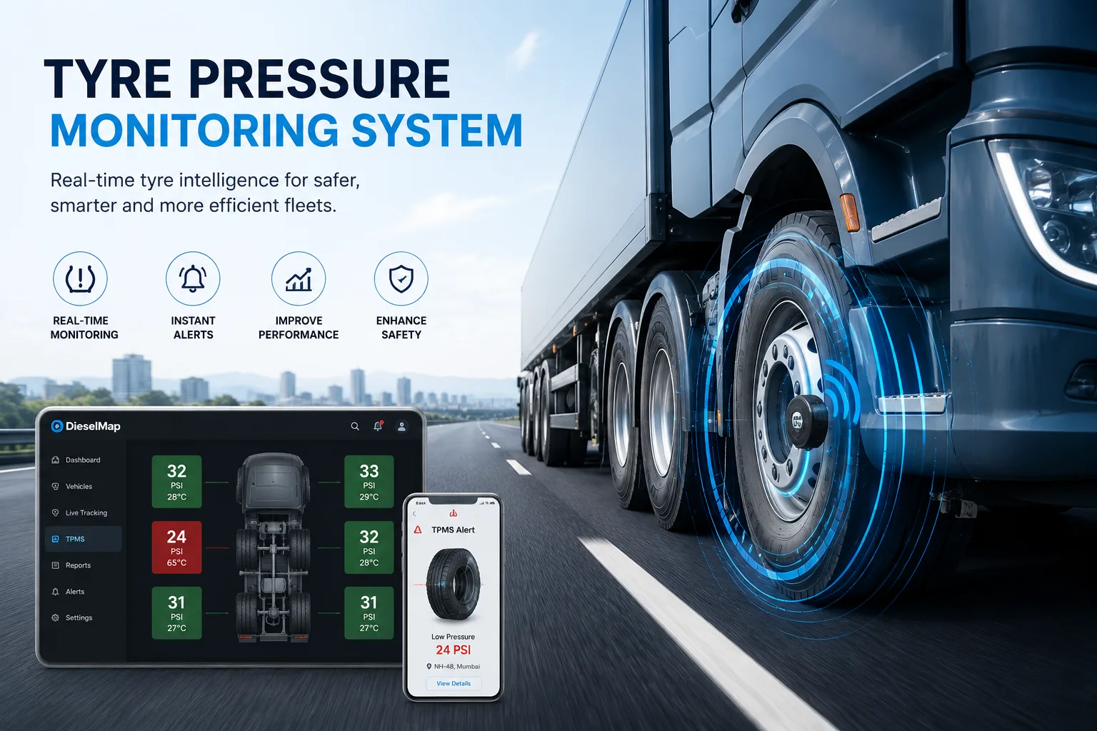 Heavy-duty commercial vehicle with tyre pressure monitoring sensors and connected fleet telematics technology.