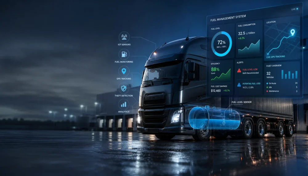 Fuel management system providing real-time fuel monitoring, consumption analytics, GPS tracking, and fleet insights