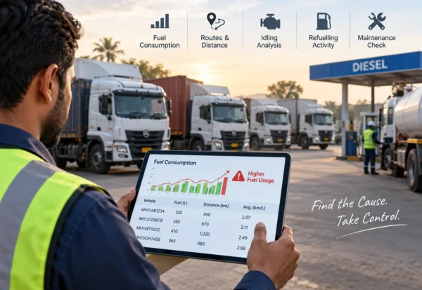 fleet-fuel-consumption-analysis-india-feature Indian fleet manager analyzing high fuel consumption across commercial trucks using fuel monitoring data
