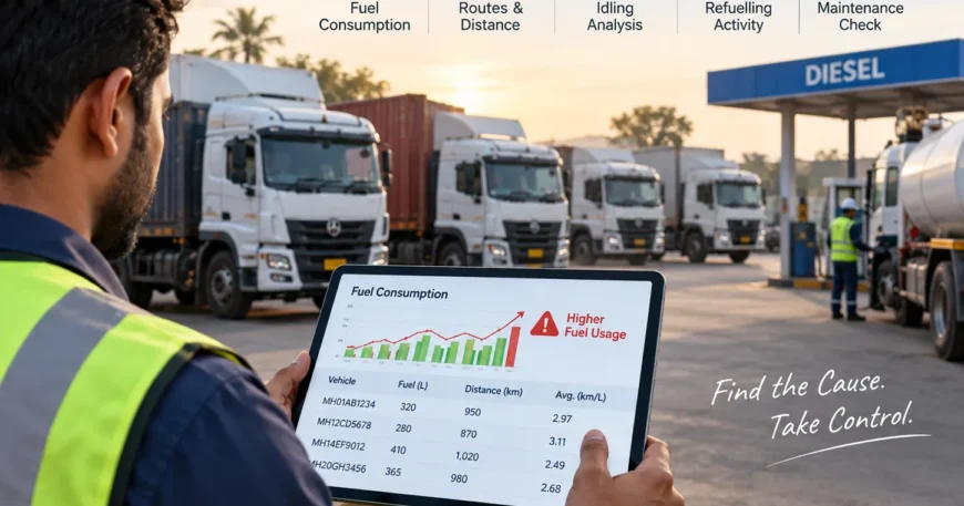 Indian fleet manager analyzing high fuel consumption across commercial trucks using fuel monitoring data