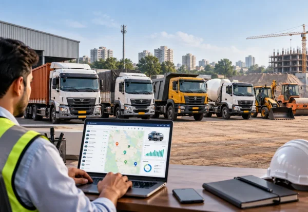 fleet-management-software-commercial-fleets-india Indian fleet manager monitoring commercial trucks and construction vehicles using fleet management software