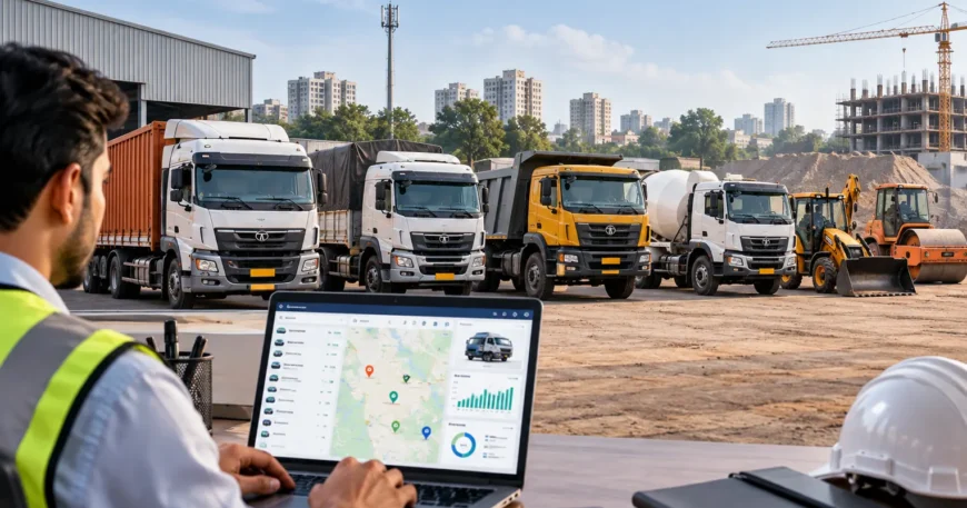 Indian fleet manager monitoring commercial trucks and construction vehicles using fleet management software