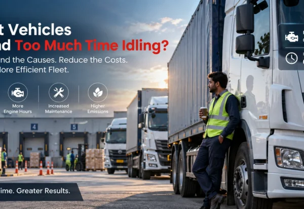 fleet-vehicle-idling-causes-costs-reduction-spectameta Commercial fleet truck idling at a loading area while a driver waits and idle time data is monitored