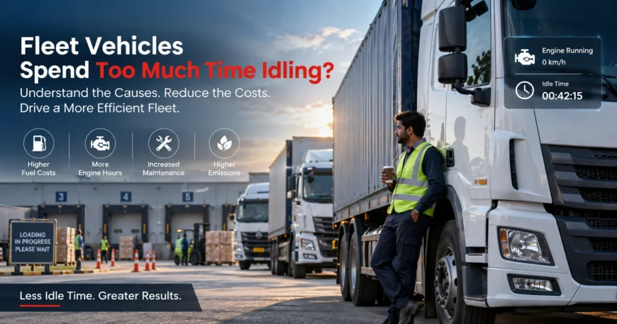 Commercial fleet truck idling at a loading area while a driver waits and idle time data is monitored