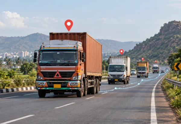 GPS tracking for commercial vehicles in India showing trucks with live location markers on a highway
