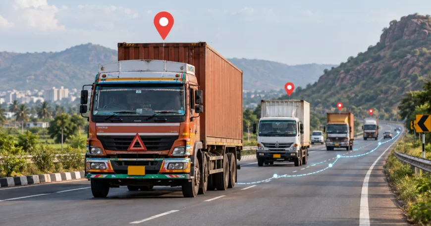 GPS tracking for commercial vehicles in India showing trucks with live location markers on a highway