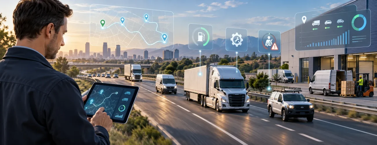 Fleet manager monitoring trucks, routes, fuel, maintenance and driver safety using a connected fleet management system