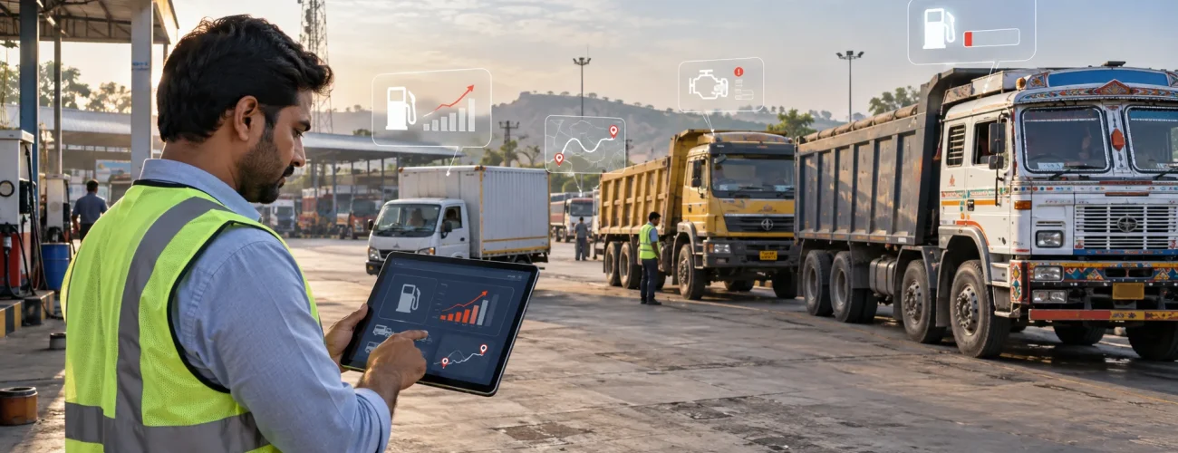Indian fleet manager monitoring high fuel consumption across commercial trucks using connected fuel data