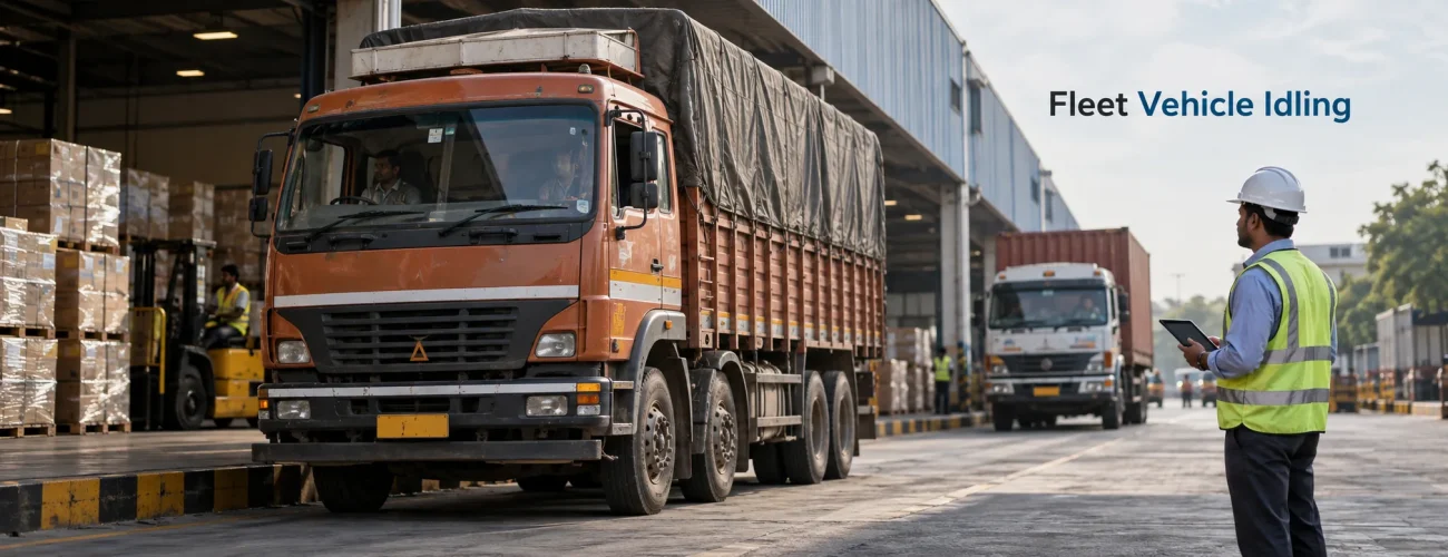 Commercial fleet truck idling at a warehouse while a fleet manager monitors vehicle activity