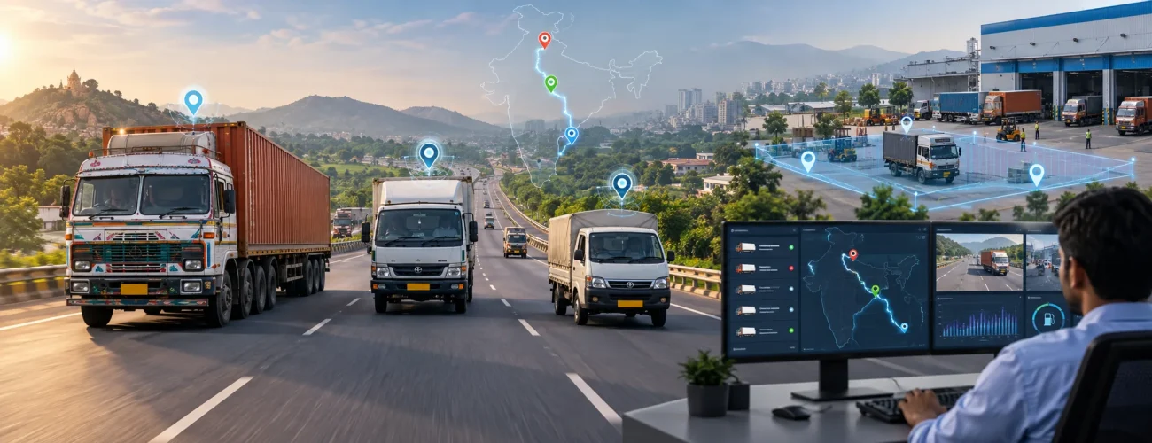 GPS tracking for commercial vehicles in India showing trucks, live routes, geofencing and fleet monitoring