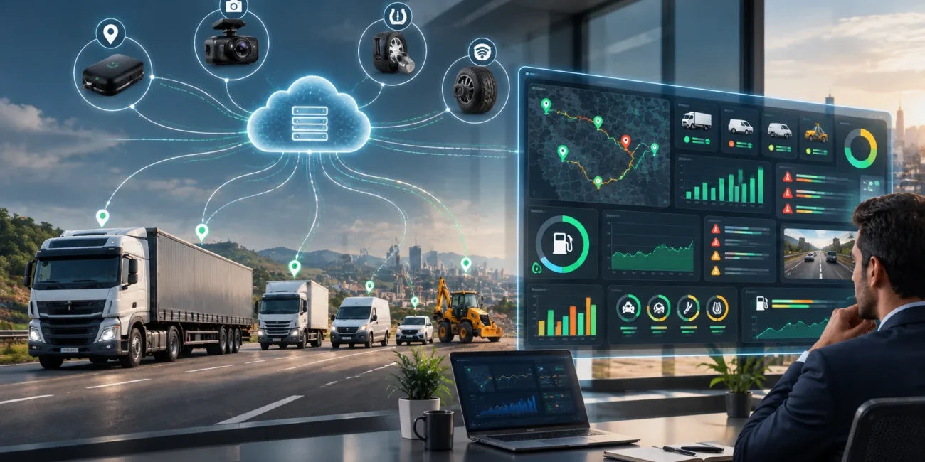 Real-time business data dashboard showing GPS fleet tracking, analytics, and performance insights for better decision-making